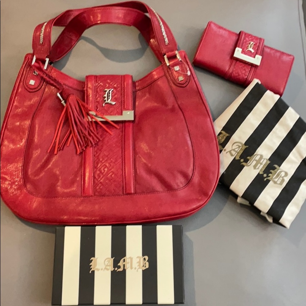 L.A.M.B red handbag and matching wallet
